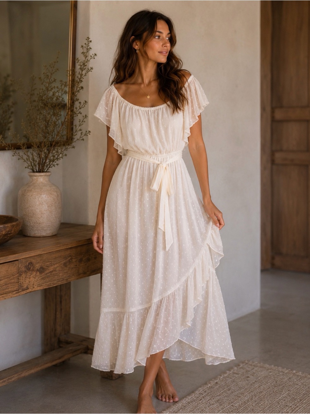 River Island Cream Ruffle Midi Dress